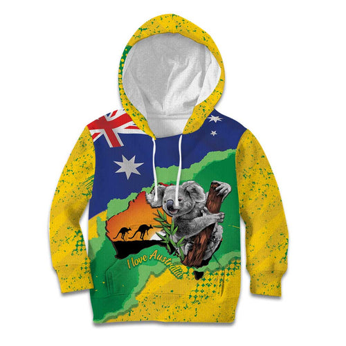 Koala Australia Personalised Kid Hoodie Aussie Map National Color Grunge Pattern