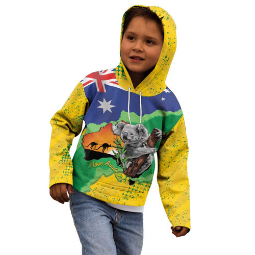 Koala Australia Personalised Kid Hoodie Aussie Map National Color Grunge Pattern