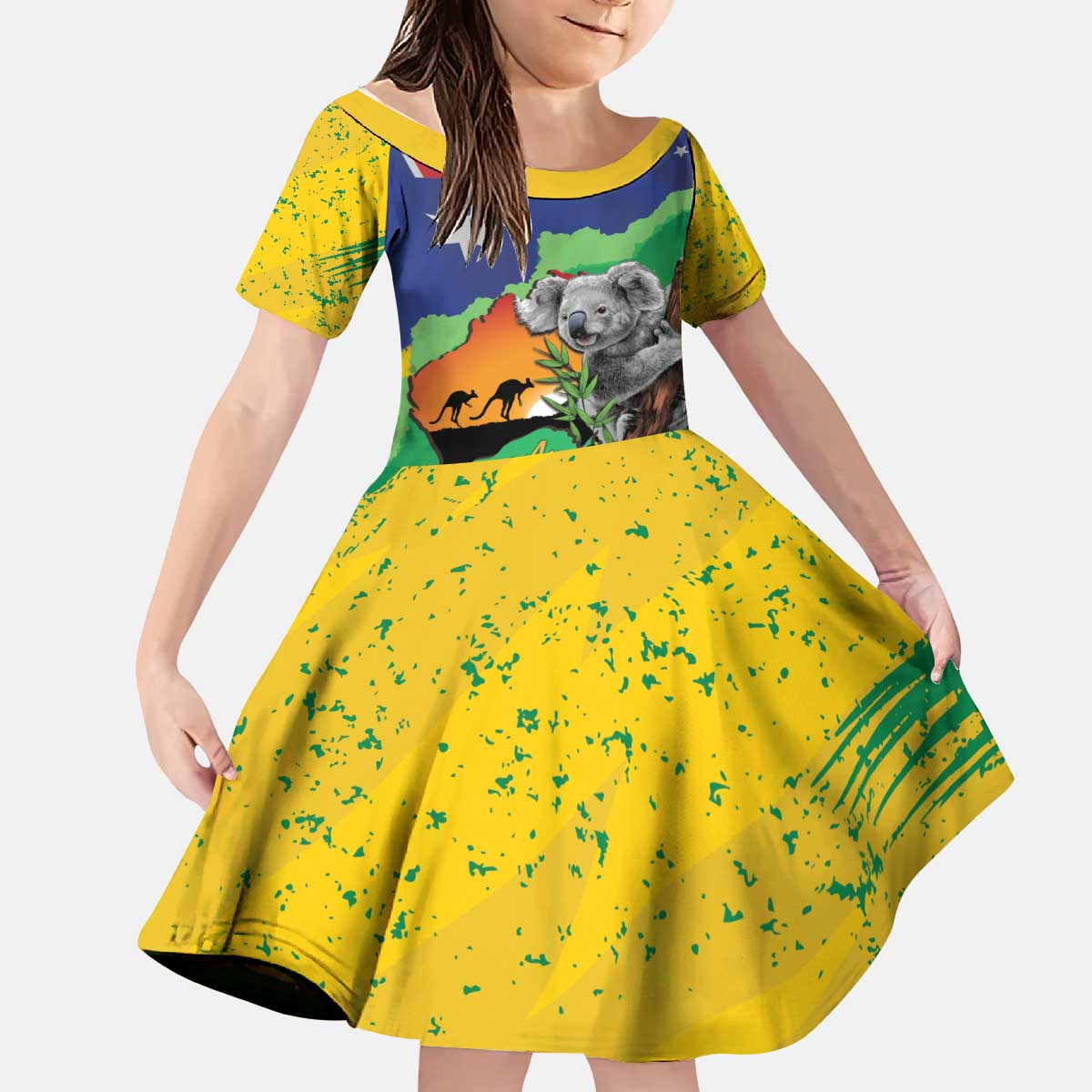 Koala Australia Personalised Kid Short Sleeve Dress Aussie Map National Color Grunge Pattern