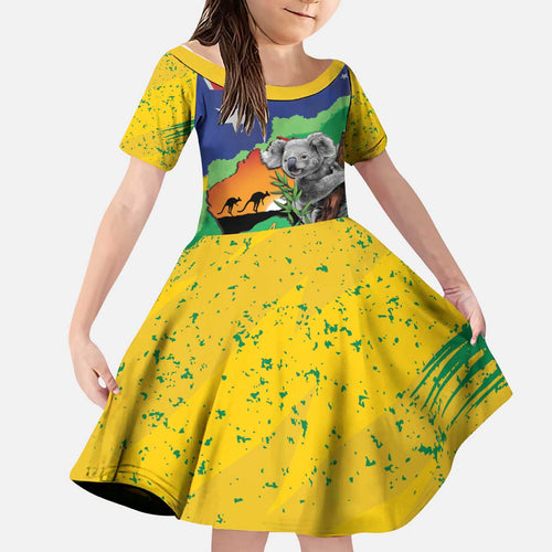 Koala Australia Personalised Kid Short Sleeve Dress Aussie Map National Color Grunge Pattern