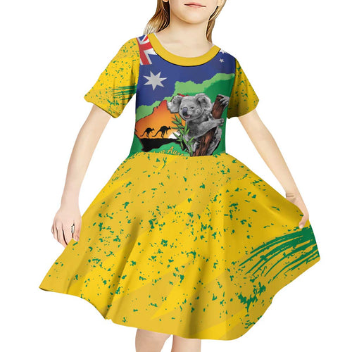 Koala Australia Personalised Kid Short Sleeve Dress Aussie Map National Color Grunge Pattern