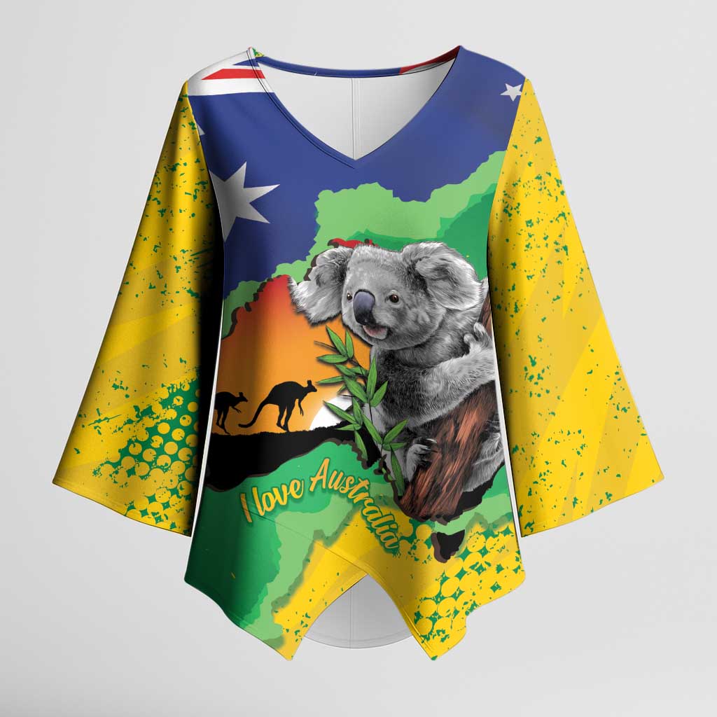 Koala Australia Personalised Kimono Sleeve Blouse Aussie Map National Color Grunge Pattern