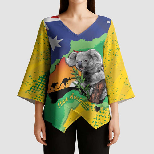 Koala Australia Personalised Kimono Sleeve Blouse Aussie Map National Color Grunge Pattern
