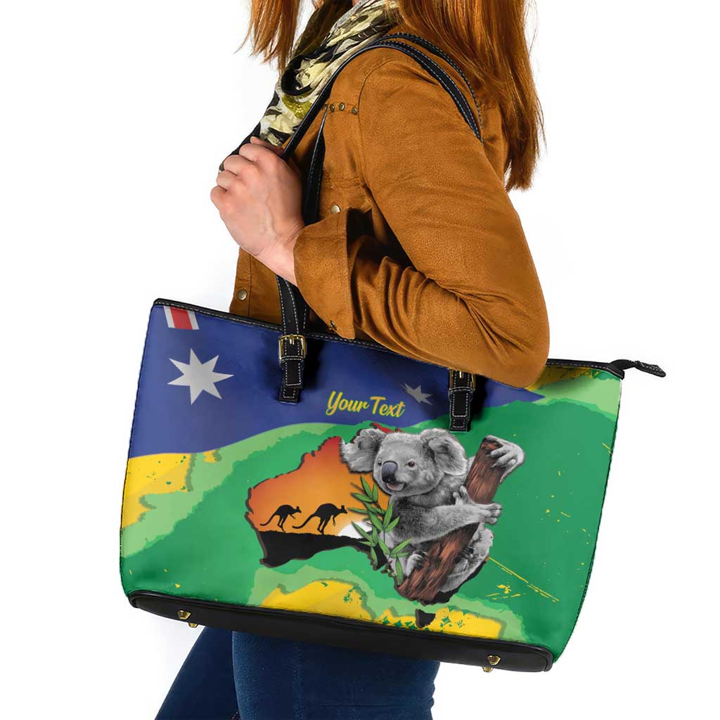 Koala Australia Personalised Leather Tote Bag Aussie Map National Color Grunge Pattern