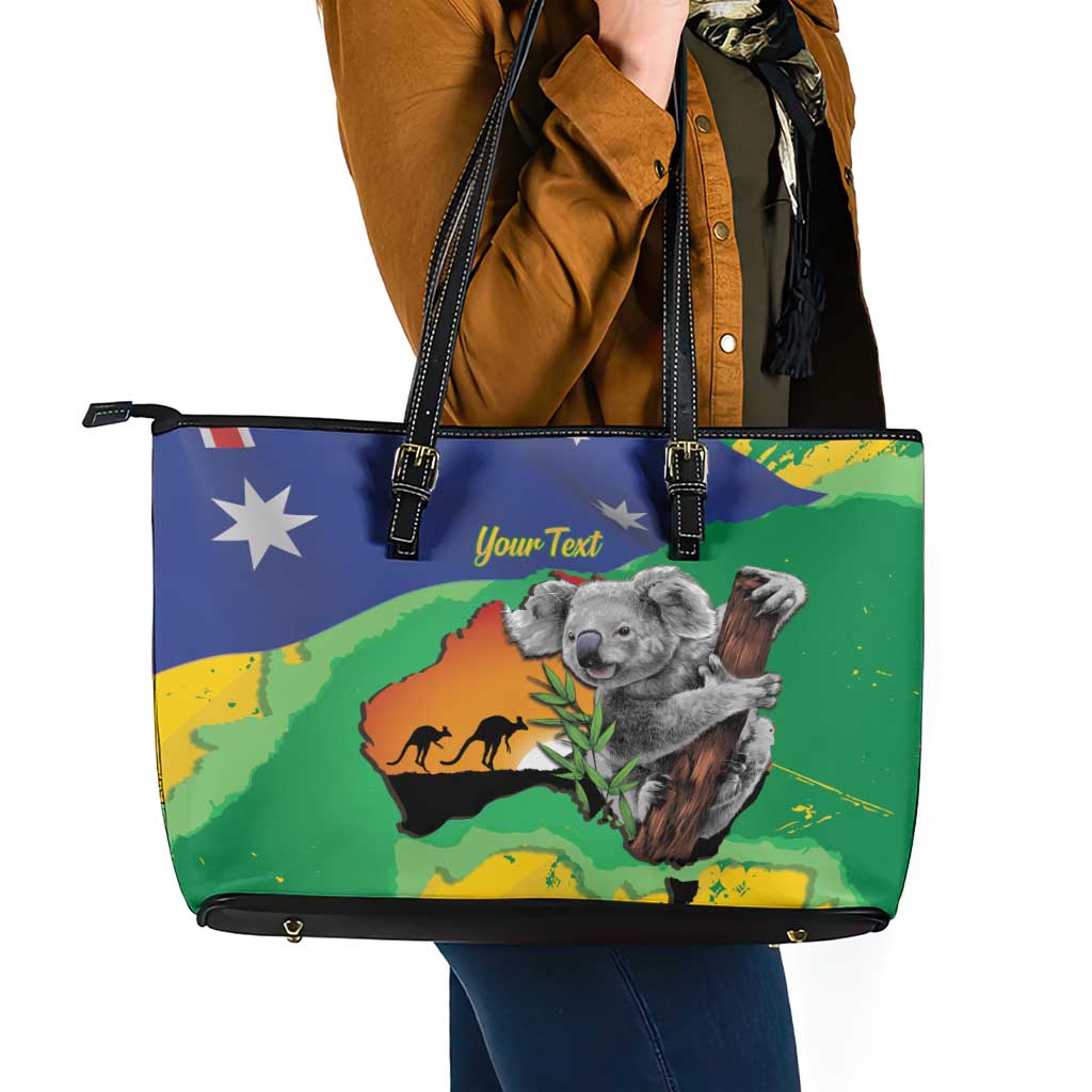Koala Australia Personalised Leather Tote Bag Aussie Map National Color Grunge Pattern