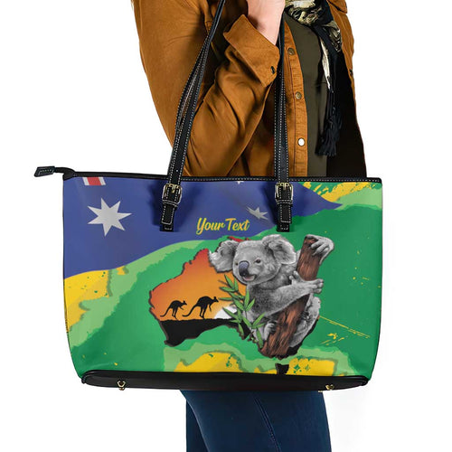 Koala Australia Personalised Leather Tote Bag Aussie Map National Color Grunge Pattern