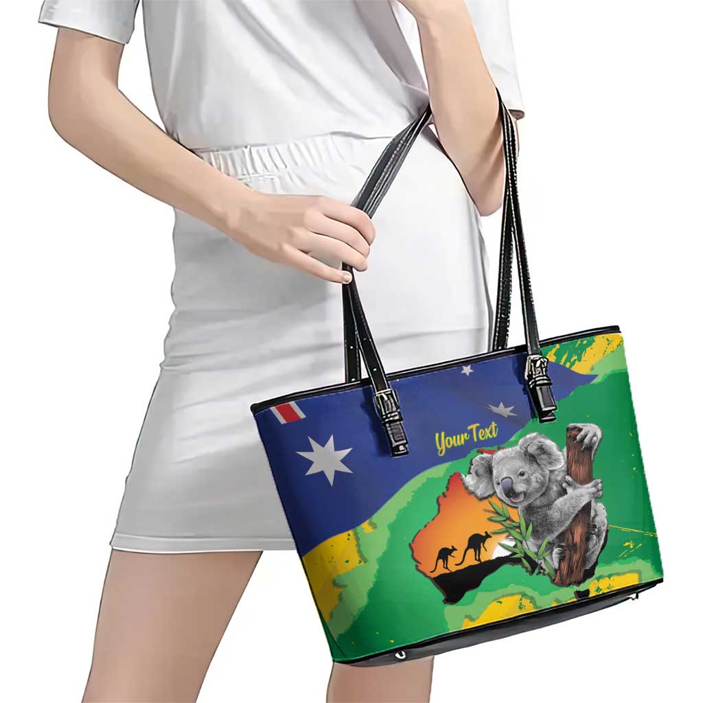 Koala Australia Personalised Leather Tote Bag Aussie Map National Color Grunge Pattern