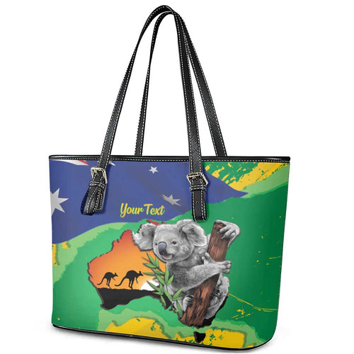 Koala Australia Personalised Leather Tote Bag Aussie Map National Color Grunge Pattern