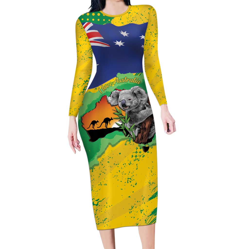 Koala Australia Personalised Long Sleeve Bodycon Dress Aussie Map National Color Grunge Pattern