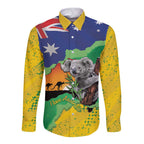 Koala Australia Personalised Long Sleeve Button Shirt Aussie Map National Color Grunge Pattern