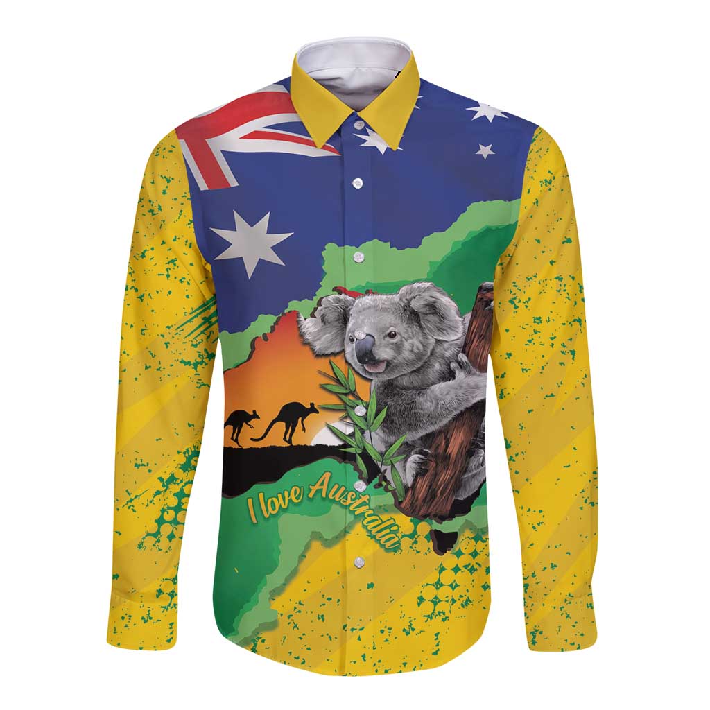 Koala Australia Personalised Long Sleeve Button Shirt Aussie Map National Color Grunge Pattern