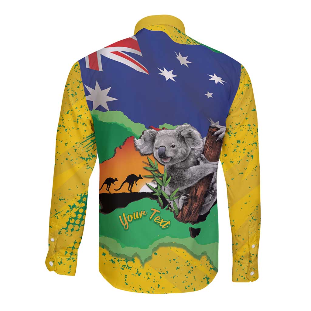 Koala Australia Personalised Long Sleeve Button Shirt Aussie Map National Color Grunge Pattern