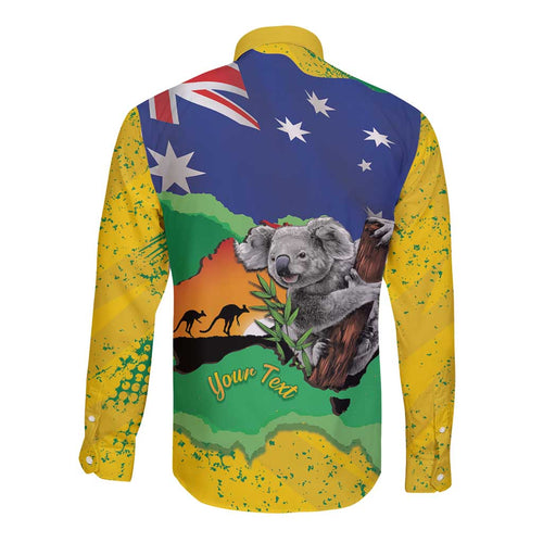 Koala Australia Personalised Long Sleeve Button Shirt Aussie Map National Color Grunge Pattern