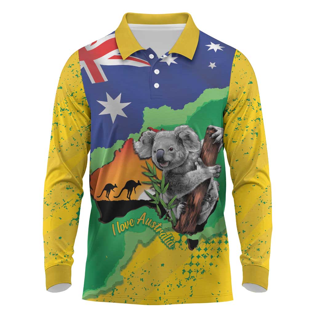 Koala Australia Personalised Long Sleeve Polo Shirt Aussie Map National Color Grunge Pattern