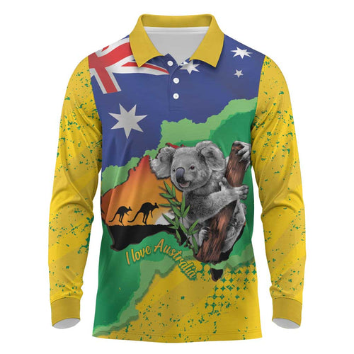 Koala Australia Personalised Long Sleeve Polo Shirt Aussie Map National Color Grunge Pattern