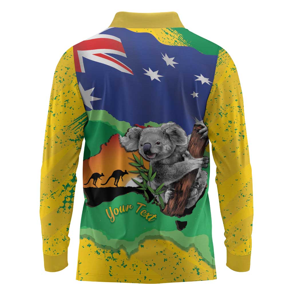 Koala Australia Personalised Long Sleeve Polo Shirt Aussie Map National Color Grunge Pattern