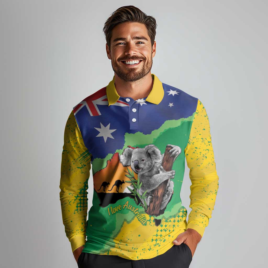 Koala Australia Personalised Long Sleeve Polo Shirt Aussie Map National Color Grunge Pattern