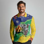 Koala Australia Personalised Long Sleeve Polo Shirt Aussie Map National Color Grunge Pattern