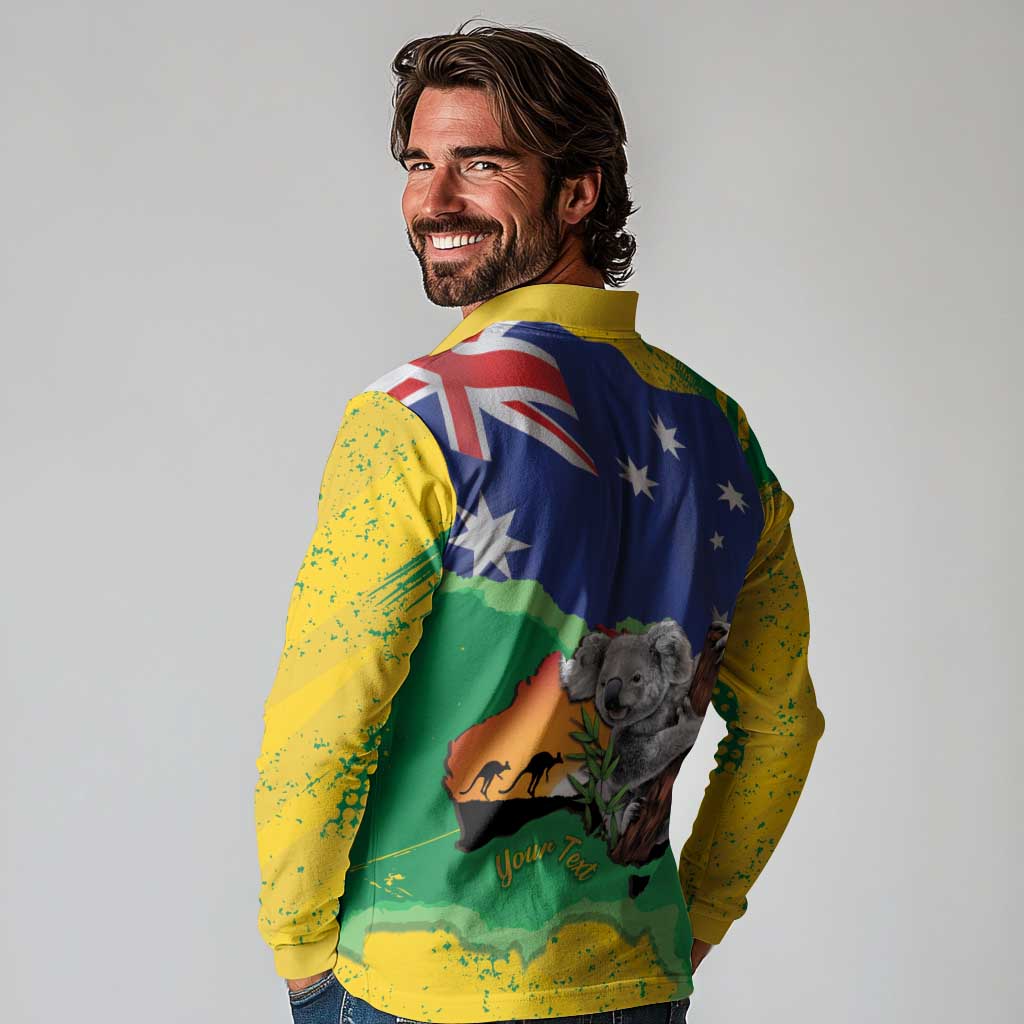 Koala Australia Personalised Long Sleeve Polo Shirt Aussie Map National Color Grunge Pattern