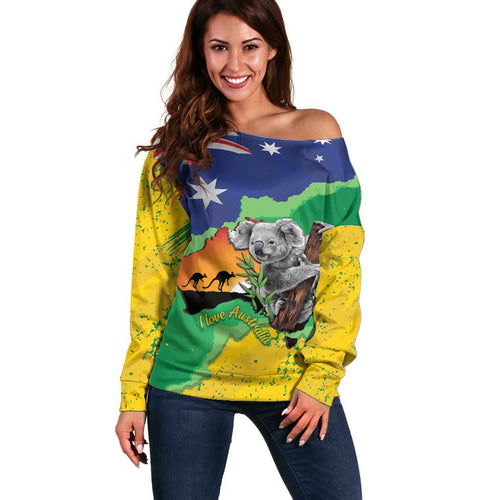 Koala Australia Personalised Off Shoulder Sweater Aussie Map National Color Grunge Pattern
