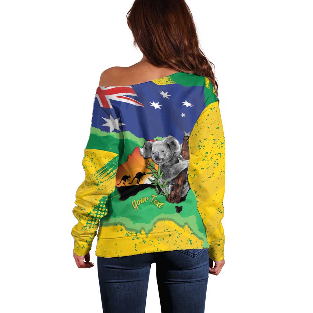 Koala Australia Personalised Off Shoulder Sweater Aussie Map National Color Grunge Pattern