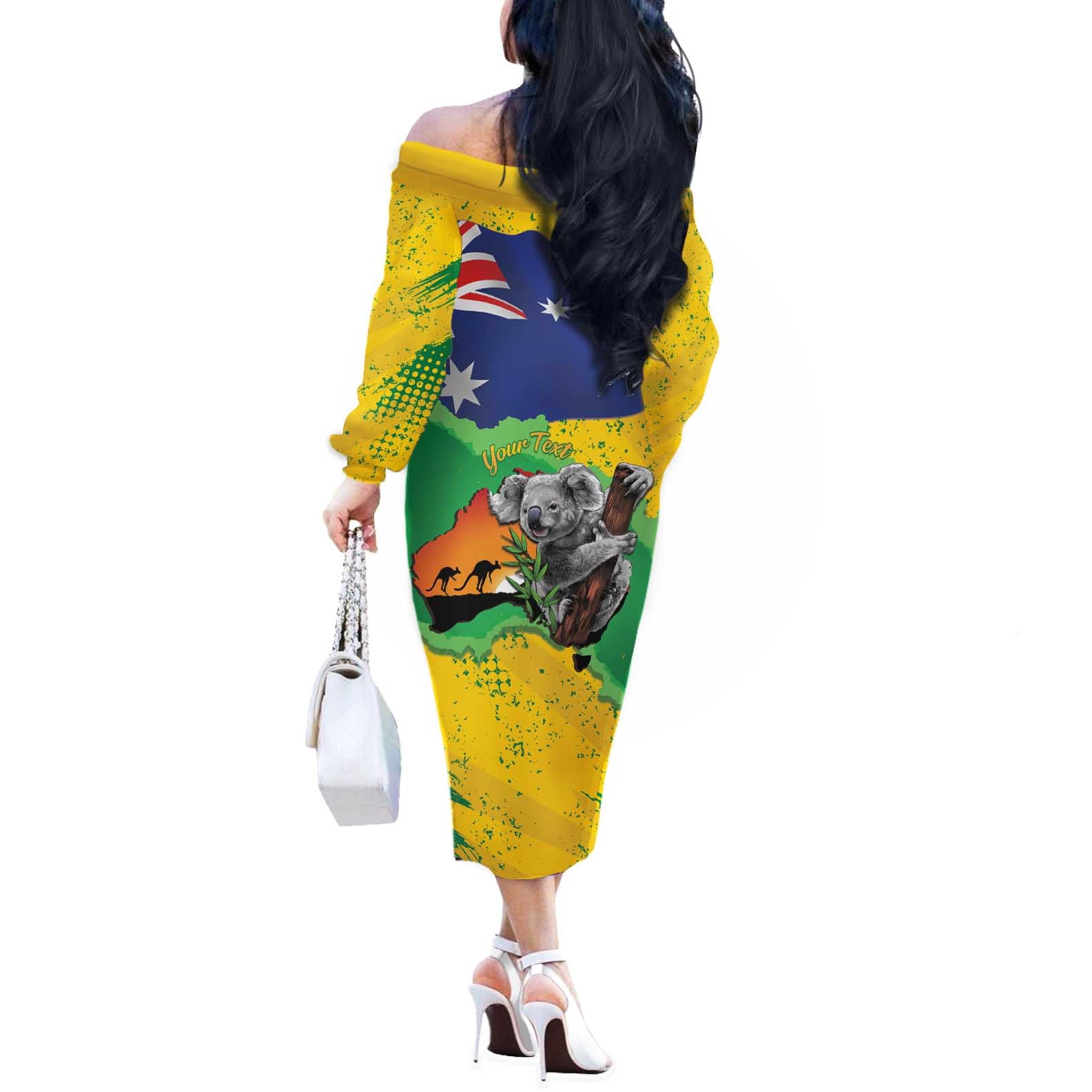 Koala Australia Personalised Off The Shoulder Long Sleeve Dress Aussie Map National Color Grunge Pattern