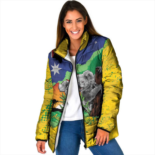 Koala Australia Personalised Padded Jacket Aussie Map National Color Grunge Pattern