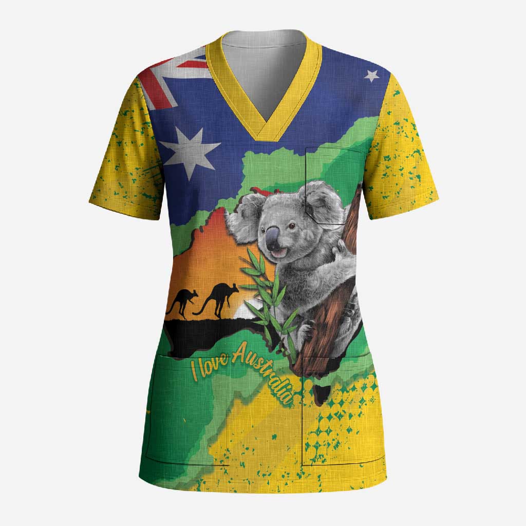 Koala Australia Personalised Scrub Top Aussie Map National Color Grunge Pattern