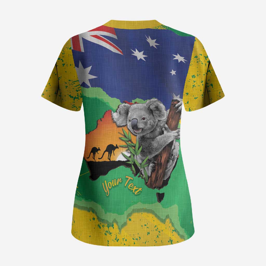 Koala Australia Personalised Scrub Top Aussie Map National Color Grunge Pattern