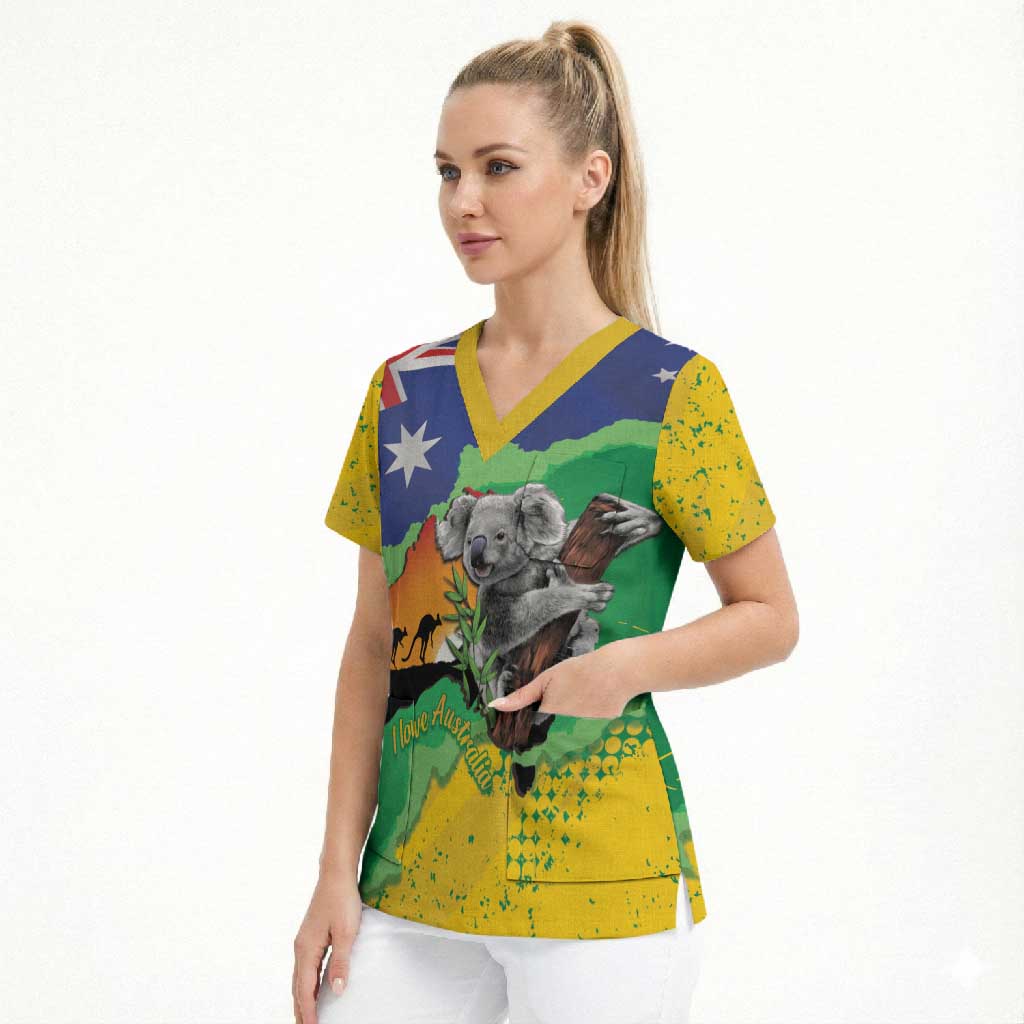 Koala Australia Personalised Scrub Top Aussie Map National Color Grunge Pattern