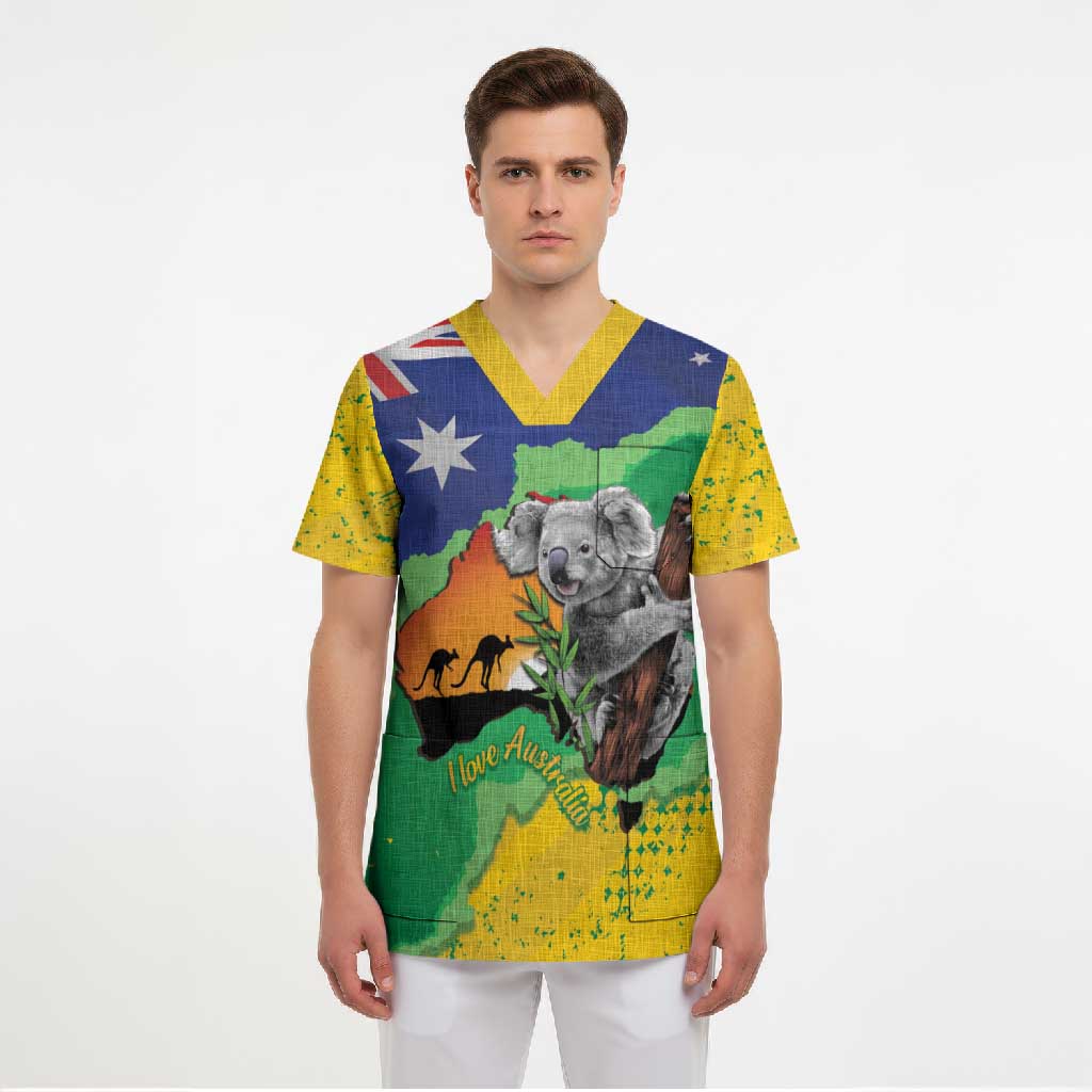 Koala Australia Personalised Scrub Top Aussie Map National Color Grunge Pattern