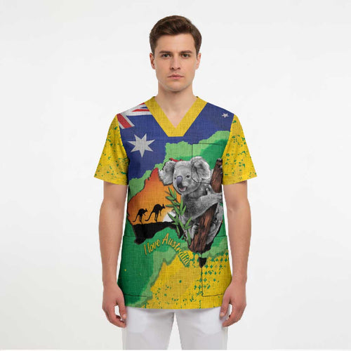 Koala Australia Personalised Scrub Top Aussie Map National Color Grunge Pattern
