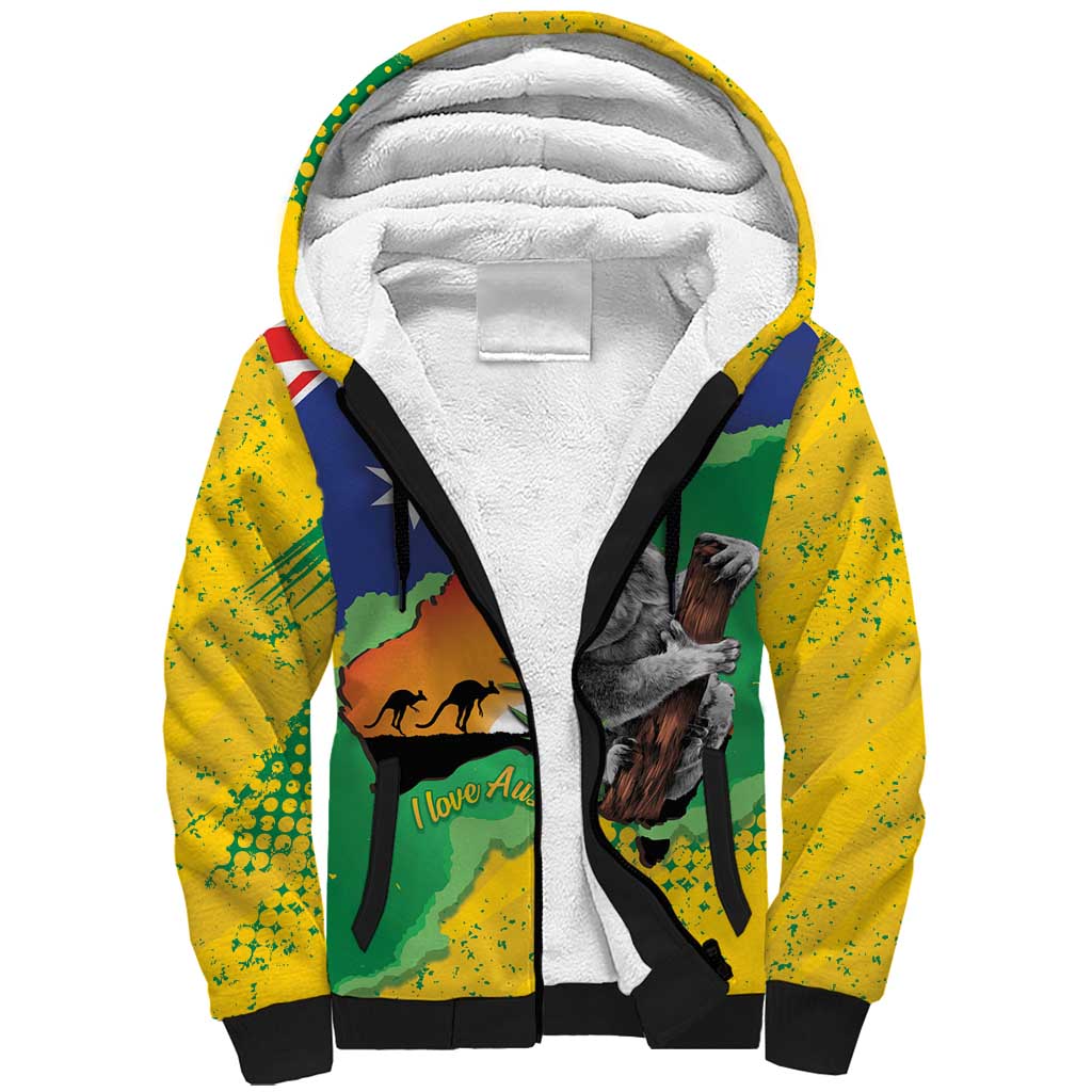 Koala Australia Personalised Sherpa Hoodie Aussie Map National Color Grunge Pattern