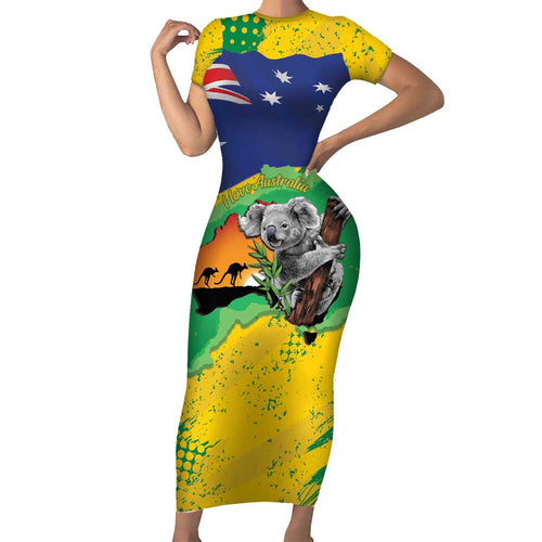 Koala Australia Personalised Short Sleeve Bodycon Dress Aussie Map National Color Grunge Pattern