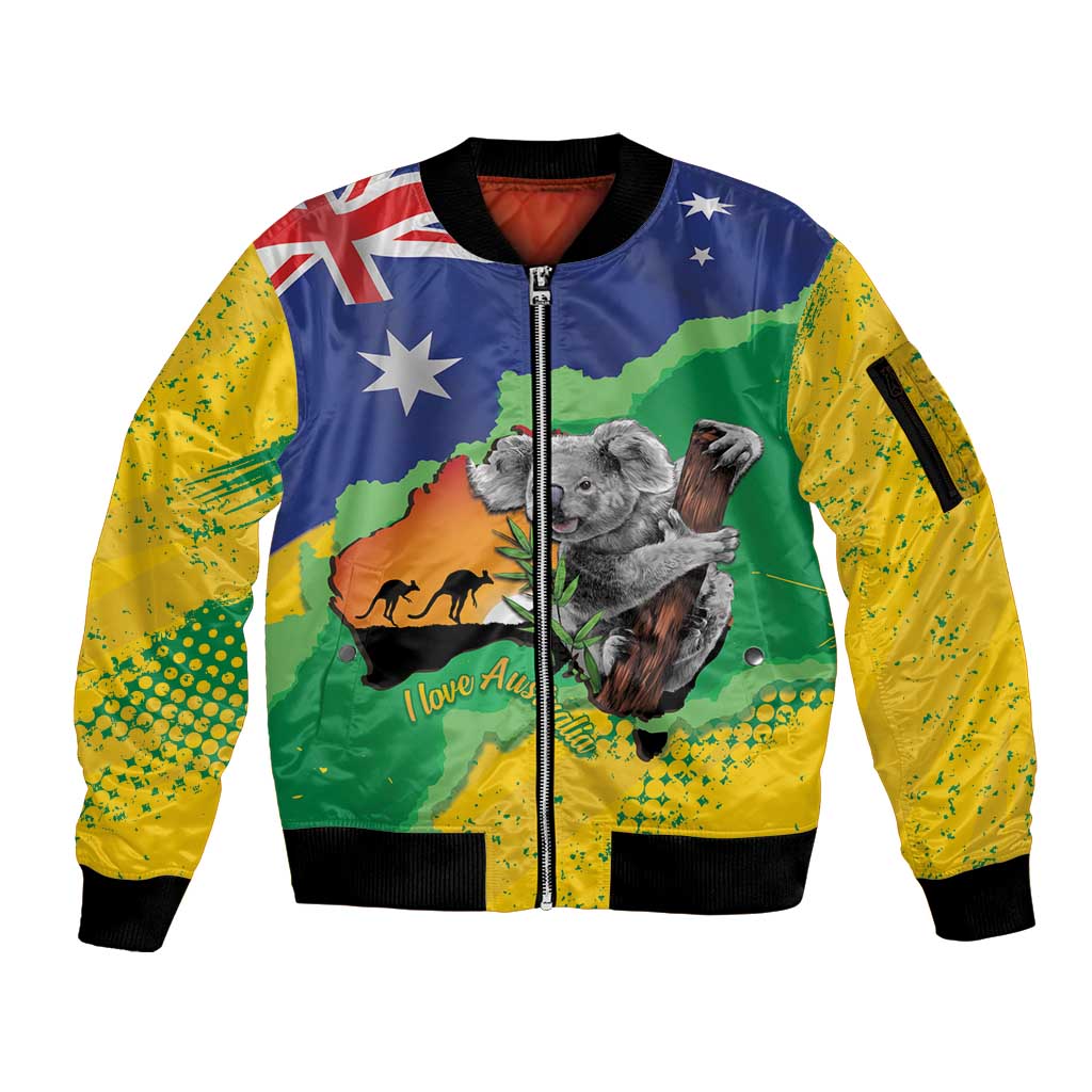 Koala Australia Personalised Sleeve Zip Bomber Jacket Aussie Map National Color Grunge Pattern