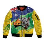 Koala Australia Personalised Sleeve Zip Bomber Jacket Aussie Map National Color Grunge Pattern