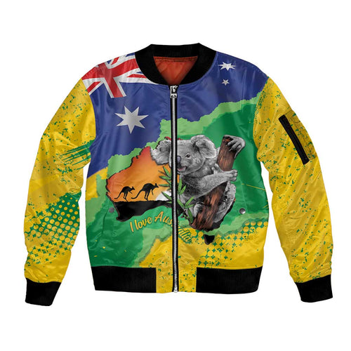 Koala Australia Personalised Sleeve Zip Bomber Jacket Aussie Map National Color Grunge Pattern