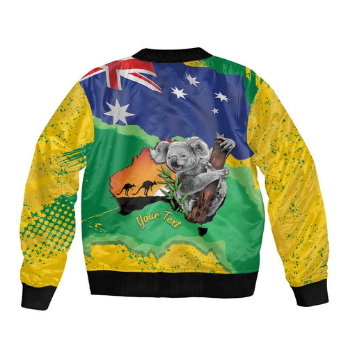 Koala Australia Personalised Sleeve Zip Bomber Jacket Aussie Map National Color Grunge Pattern