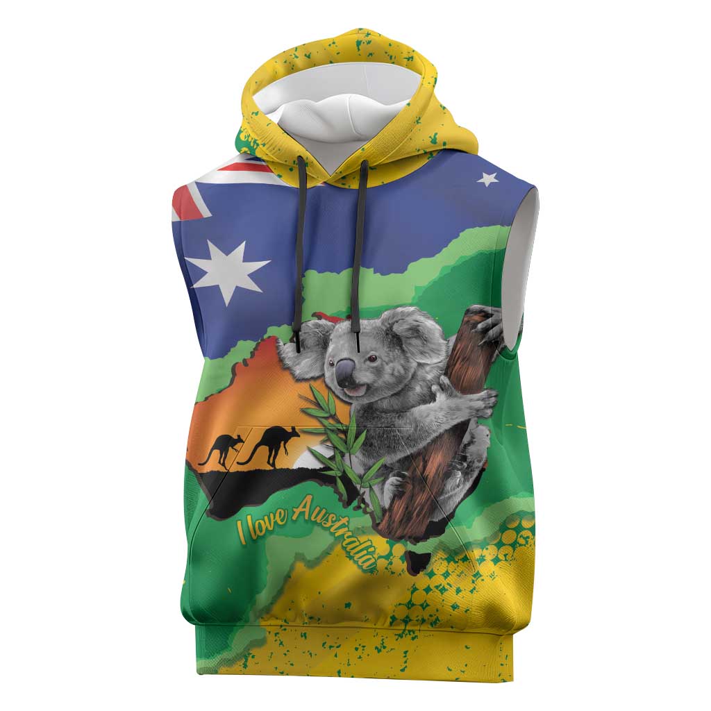 Koala Australia Personalised Sleeveless Hoodie Aussie Map National Color Grunge Pattern