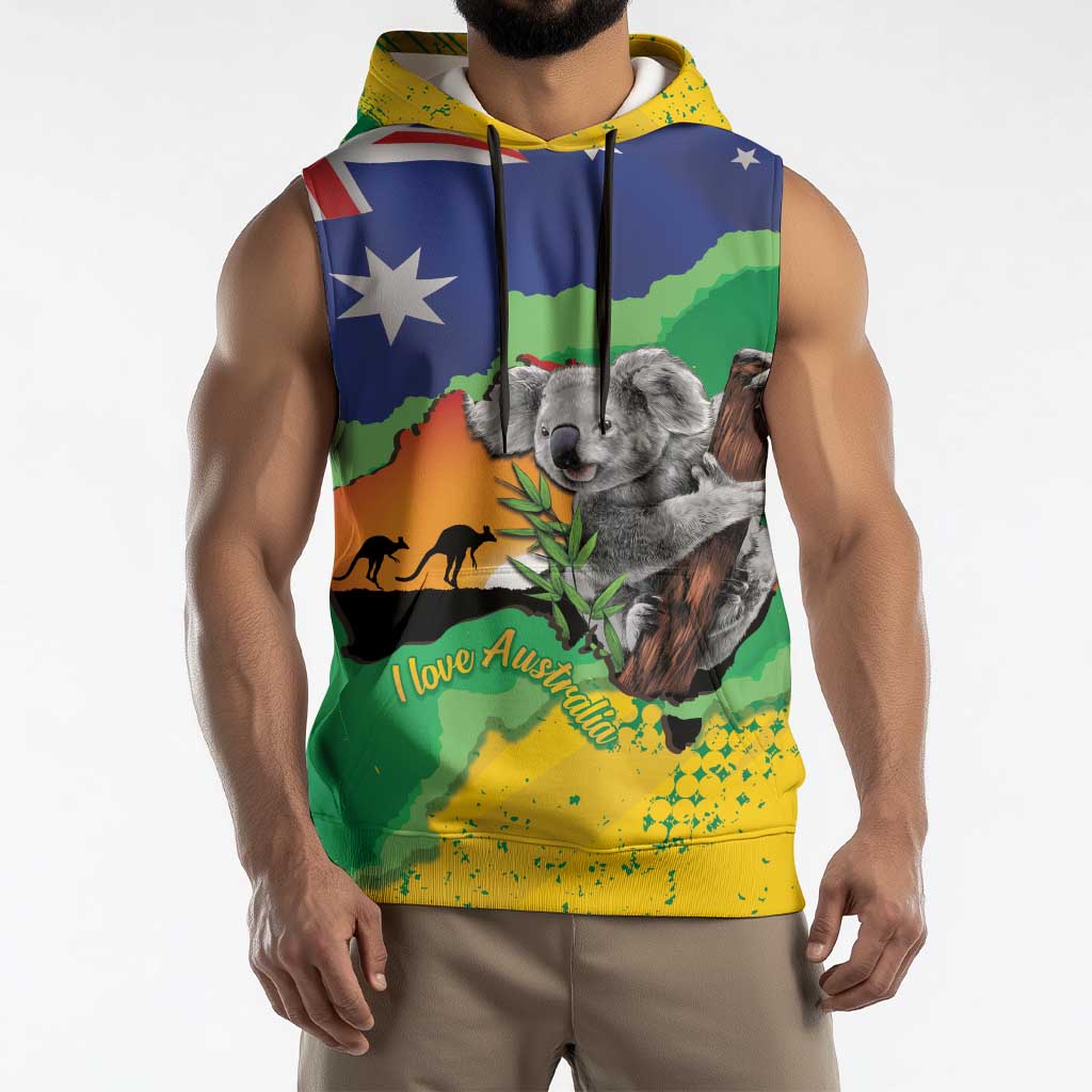 Koala Australia Personalised Sleeveless Hoodie Aussie Map National Color Grunge Pattern