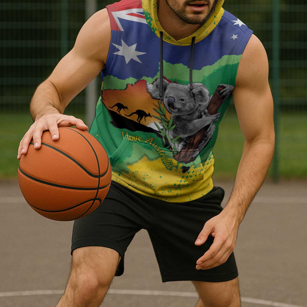 Koala Australia Personalised Sleeveless Hoodie Aussie Map National Color Grunge Pattern