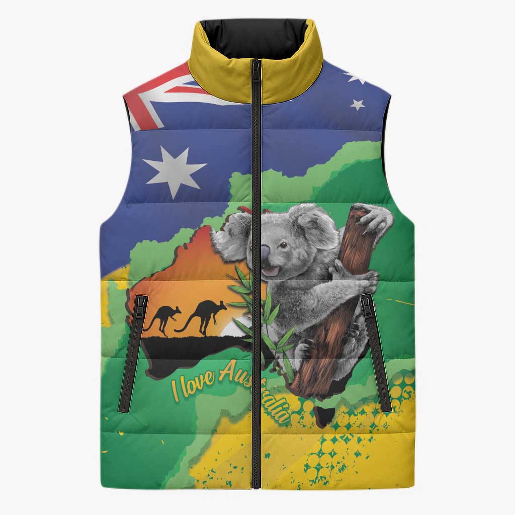 Koala Australia Personalised Sleeveless Puffer Jacket Aussie Map National Color Grunge Pattern