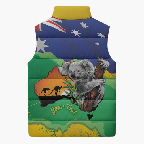 Koala Australia Personalised Sleeveless Puffer Jacket Aussie Map National Color Grunge Pattern