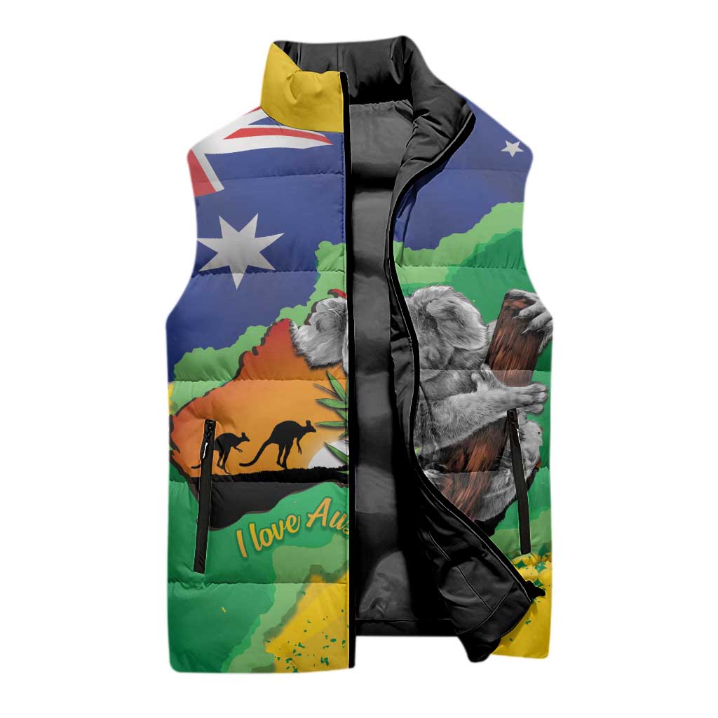 Koala Australia Personalised Sleeveless Puffer Jacket Aussie Map National Color Grunge Pattern