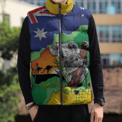 Koala Australia Personalised Sleeveless Puffer Jacket Aussie Map National Color Grunge Pattern