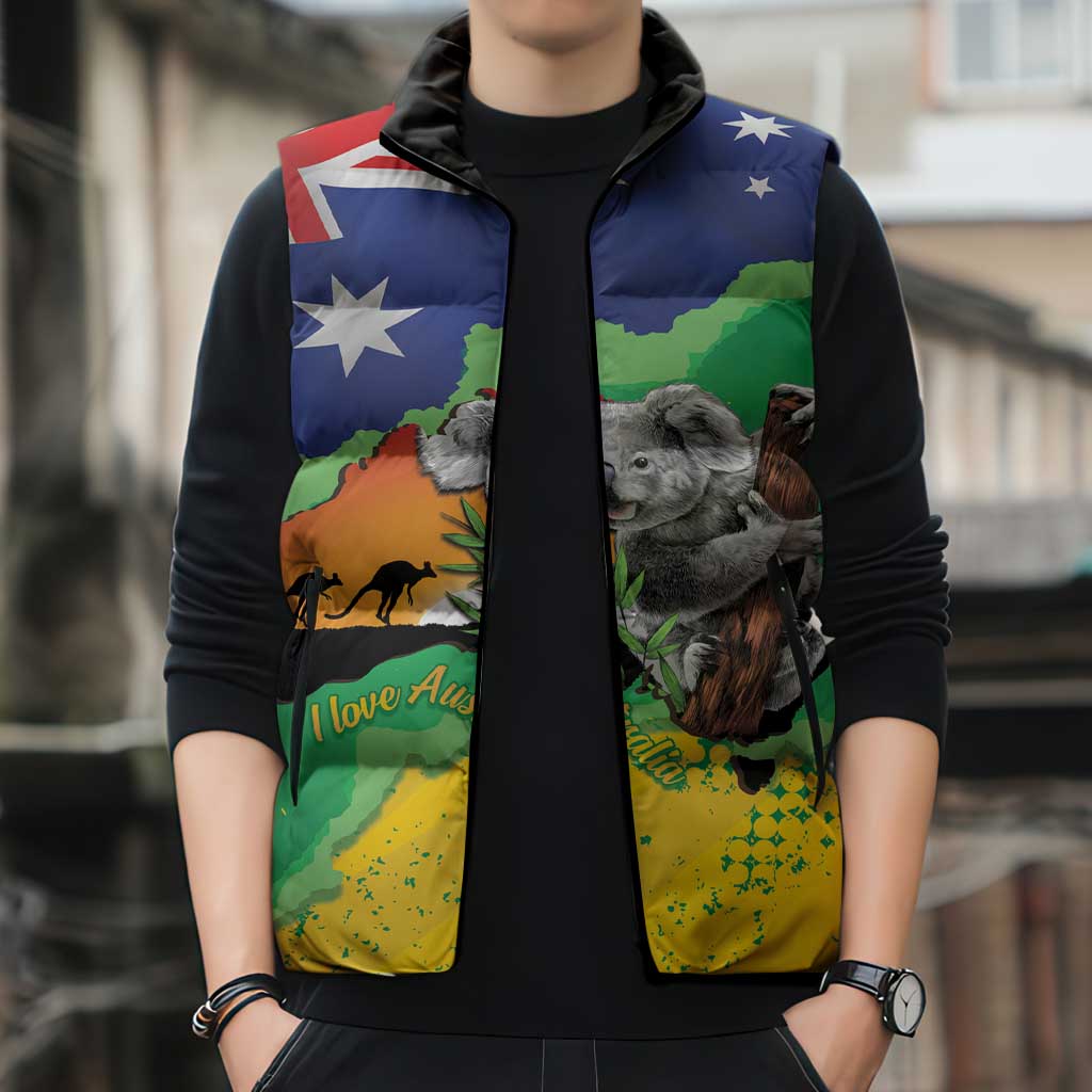 Koala Australia Personalised Sleeveless Puffer Jacket Aussie Map National Color Grunge Pattern