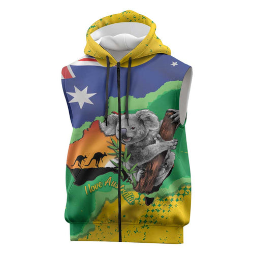 Koala Australia Personalised Sleeveless Zip Hoodie Aussie Map National Color Grunge Pattern