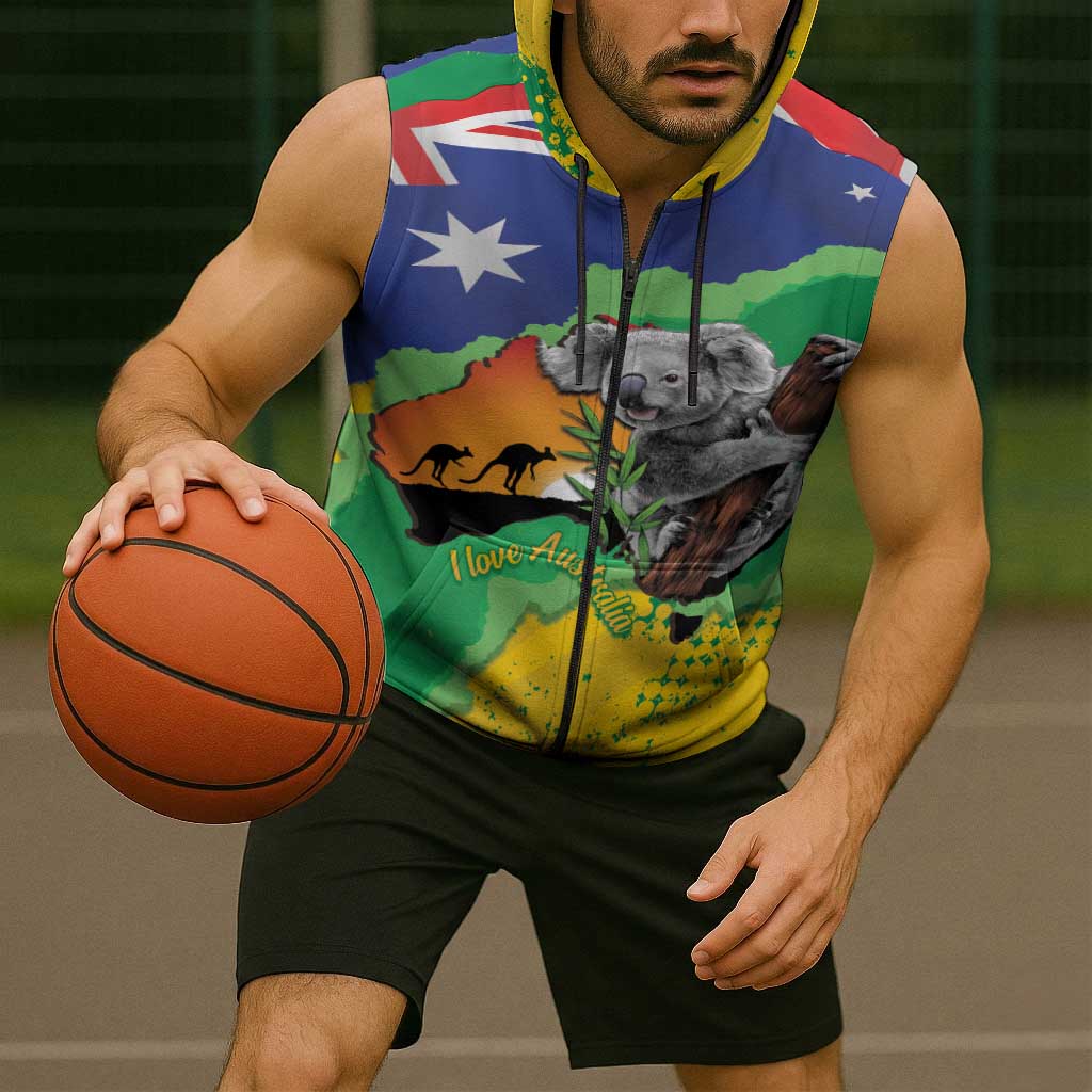 Koala Australia Personalised Sleeveless Zip Hoodie Aussie Map National Color Grunge Pattern