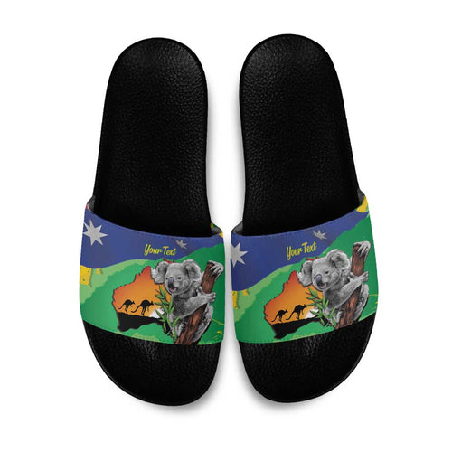 Koala Australia Personalised Slide Sandals Aussie Map National Color Grunge Pattern