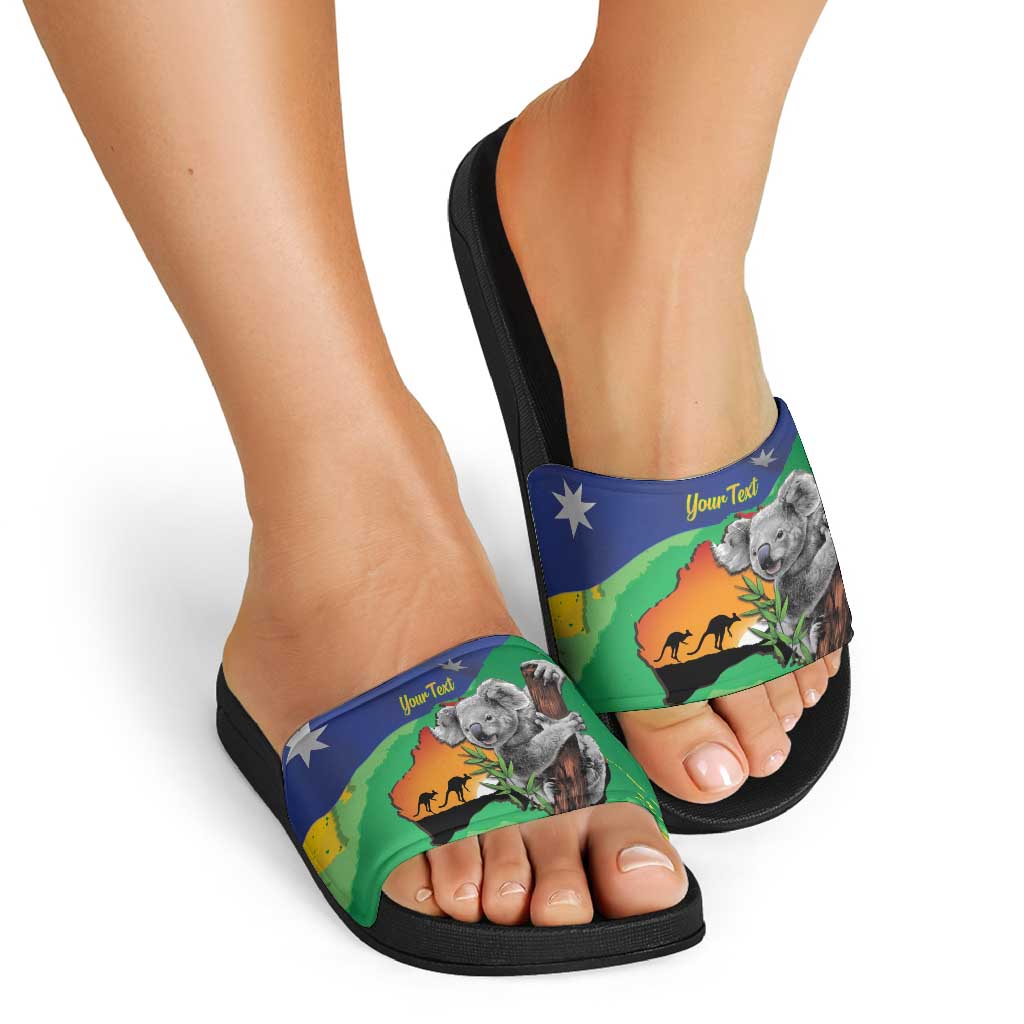 Koala Australia Personalised Slide Sandals Aussie Map National Color Grunge Pattern